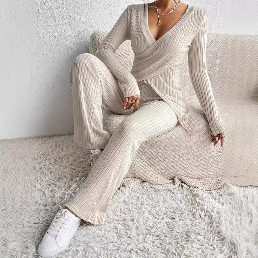 Women's Set in Ribbed Material – Wrap Blouse with Long Sleeves – Loose Pants