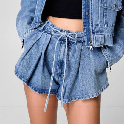 Women's Denim Jacket – Oversized Fit – Cropped – Zipper – Chest Pockets with Utility Style