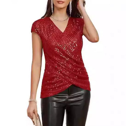 Women's Top – Slim Fit – V-neck – Sequin Details – Asymmetric Waist Draping