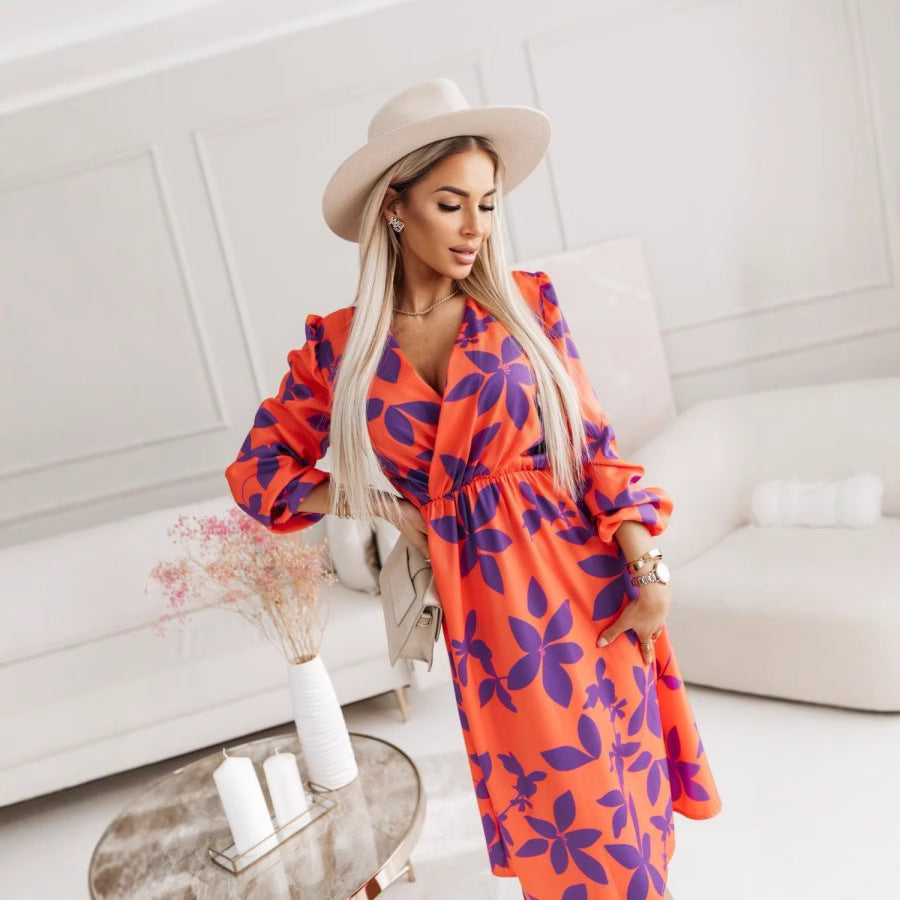 Women's Midi Dress – A-line Cut – V-neck – Floral Print – Long Puff Sleeves