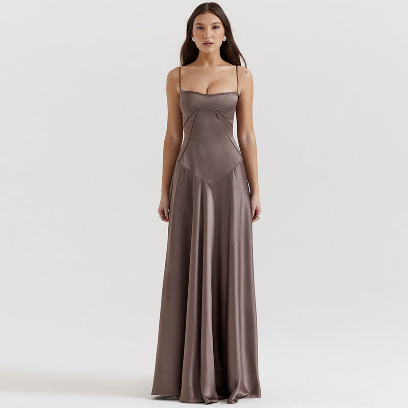 Women's Evening Dress – Satin – A-line Fit – Spaghetti Straps – Cut-out Waist