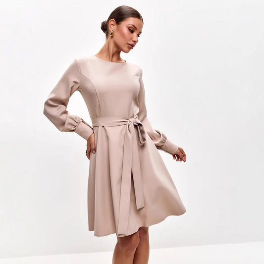 Women's Midi Dress – Tailored Fit – Waist Tie – Long Sleeves