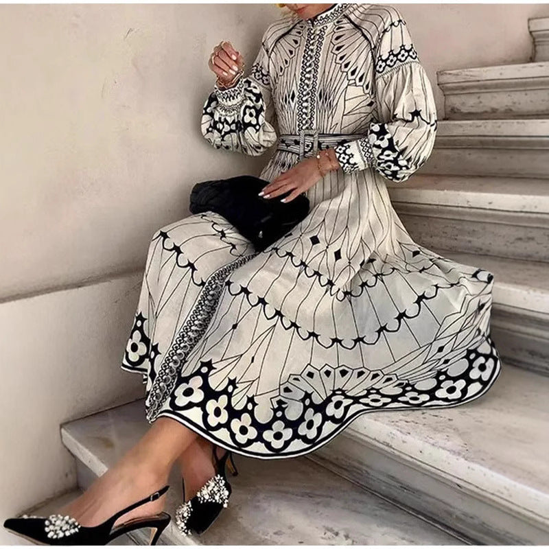 Women's Midi Dress – Elegant Fit – Voluminous Sleeves – Belted Waist – Patterned Design
