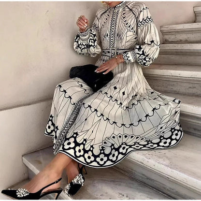 Women's Midi Dress – Elegant Fit – Voluminous Sleeves – Belted Waist – Patterned Design