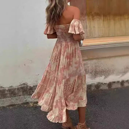 Dress for Women – Off-Shoulder – Smocked Bodice – Ruched Sleeve – Checked Midi Cut