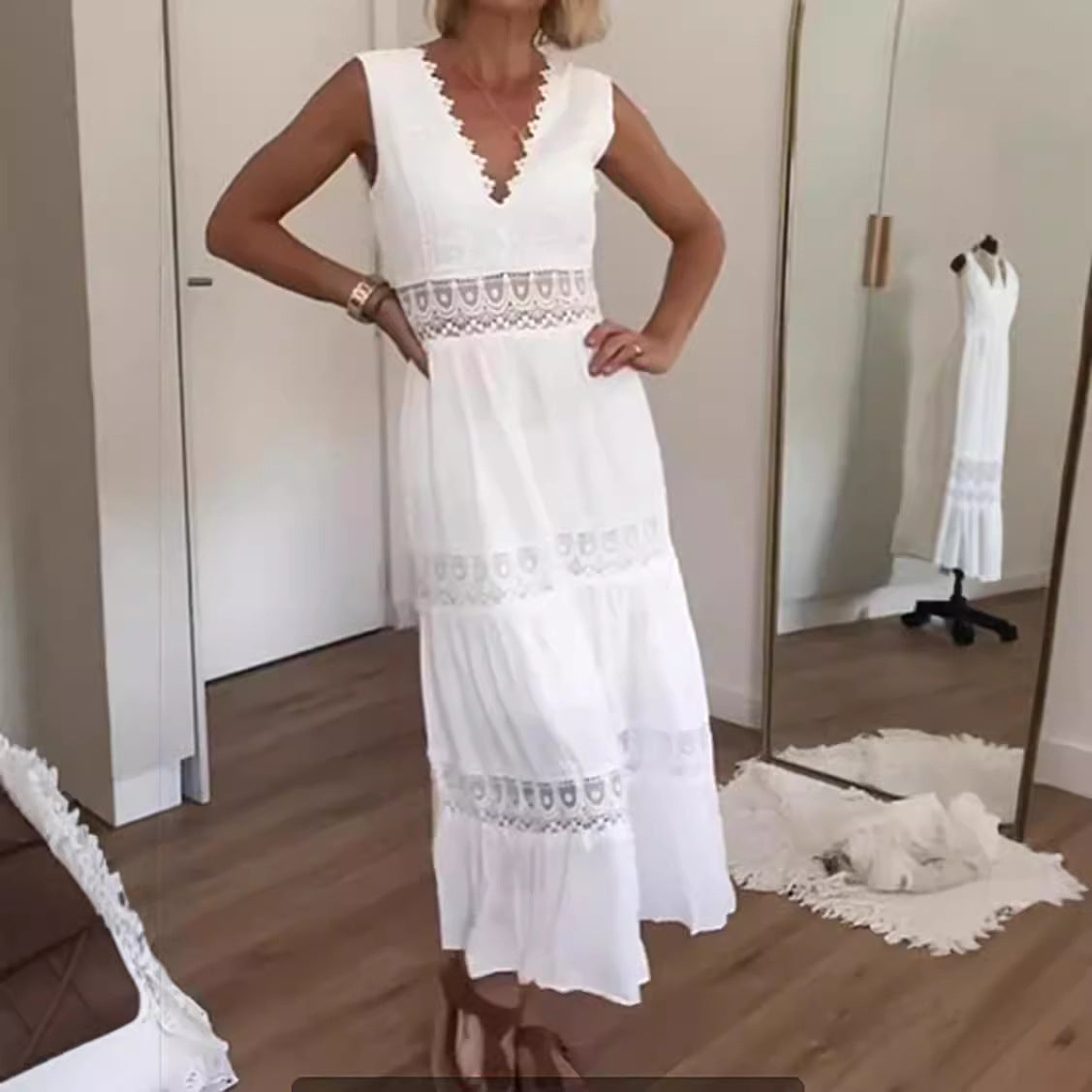Women's Midi Dress – Sleeveless Fit-and-Flare – Lace – Deep V-Neckline