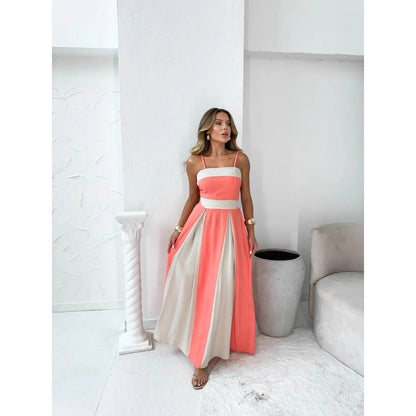 Dress for Women – Maxi Length – A-line Cut – Straps – Color Block – Elegant Party Dress