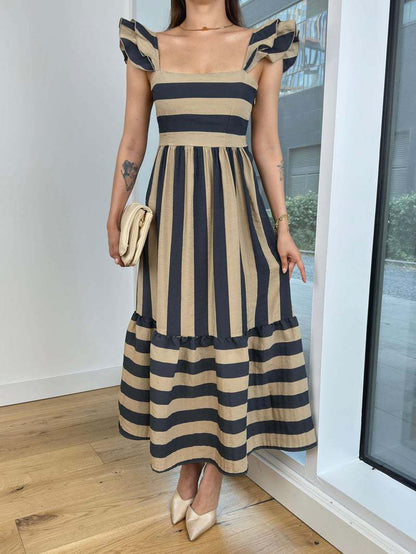 Women's Midi Dress – Cotton Blend – Relaxed Fit – Off Shoulder – Striped – Ruffle Sleeves