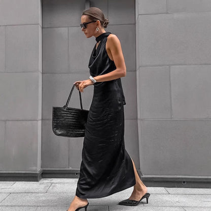 Women's Halterneck Dress – Satin – Draped Cowl Neck – Bodycon Fit – Midi Length