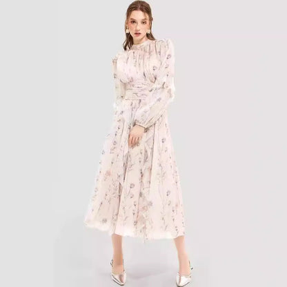 Women's Dress – Chiffon Evening Dress – Long Sleeves – Ruffle Details – Printed Maxi