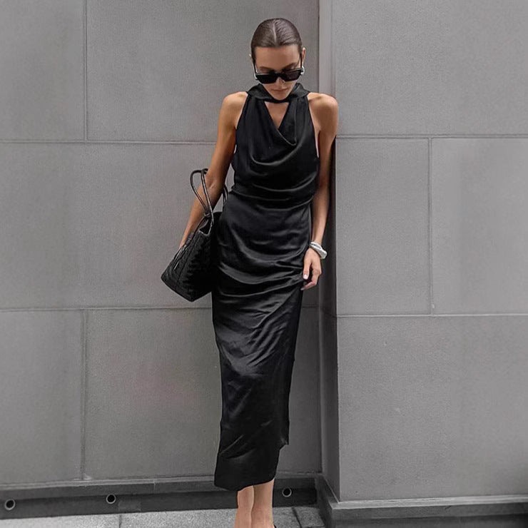 Women's Halterneck Dress – Satin – Draped Cowl Neck – Bodycon Fit – Midi Length