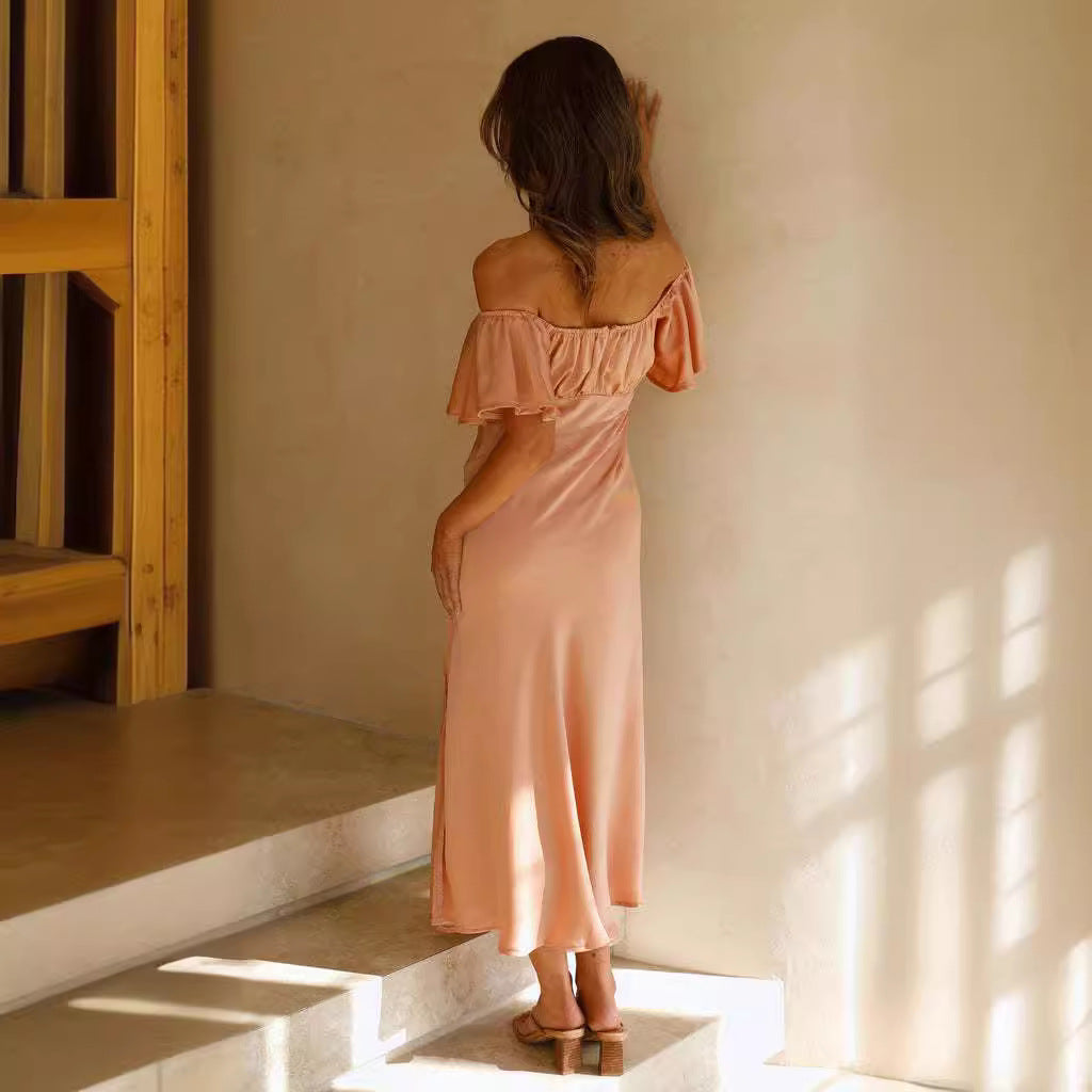 Dress for Women – Midi Length – Slim Fit – Satin Look – Off-Shoulder – V-Back – Slit