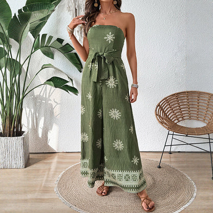 Women's Jumpsuit – Strapless – Wide Legs – Embroidery – Waistband – Cotton Linen