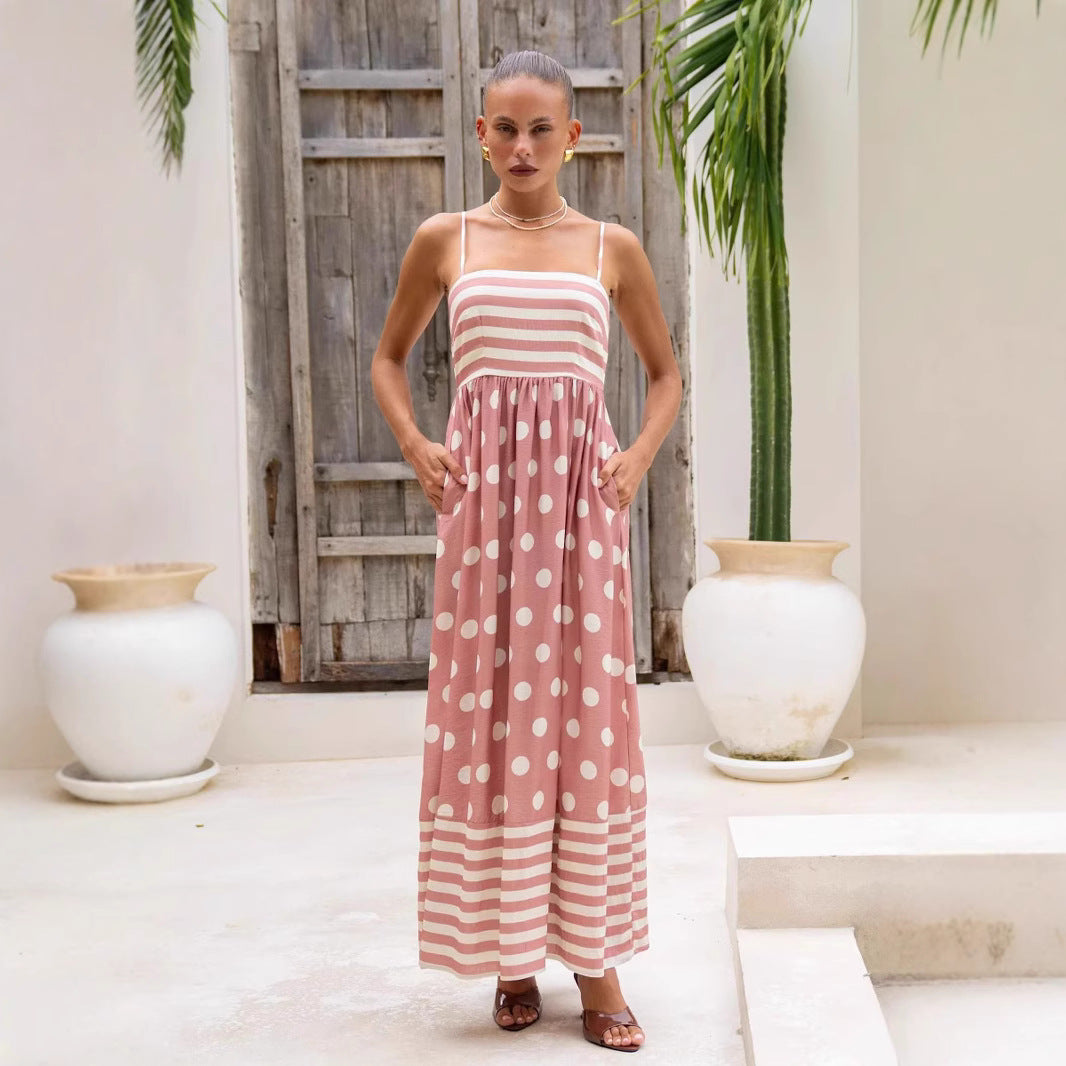 Women's Maxi Dress – A-Line Fit – Light Cotton – Spaghetti Straps – Pattern with Pockets