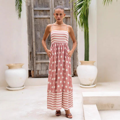 Women's Maxi Dress – A-Line Fit – Light Cotton – Spaghetti Straps – Pattern with Pockets