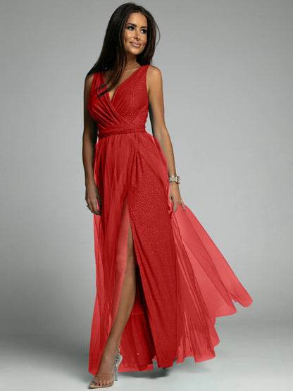 Women's Evening Dress – Slim Fit – Deep V-Neck – High Slit – Shiny Fabric