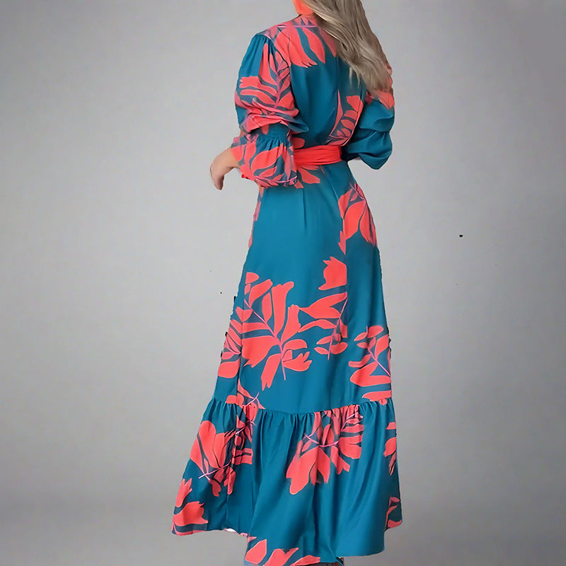 Dress for Women – Maxi Dress with Puff Sleeves – V-Neckline – Belt – Elegant Fit