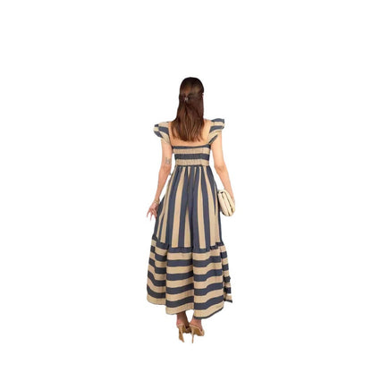 Women's Midi Dress – Cotton Blend – Relaxed Fit – Off Shoulder – Striped – Ruffle Sleeves