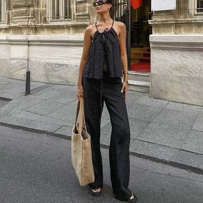 Women's Two-Piece Set – Sleeveless Tie Top with Spaghetti Straps – High-Waisted Wide-Leg Pants