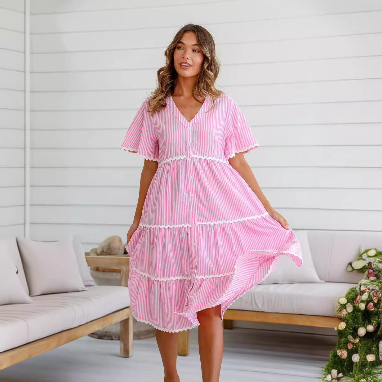 Dress for Women – V-Neck – Loose Fit – Layered Design with Lace Trim