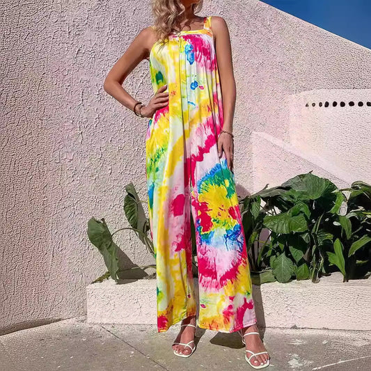 Women's Jumpsuit – Loose Fit – Wide Legs – Sleeveless – Light and Breathable – Printed
