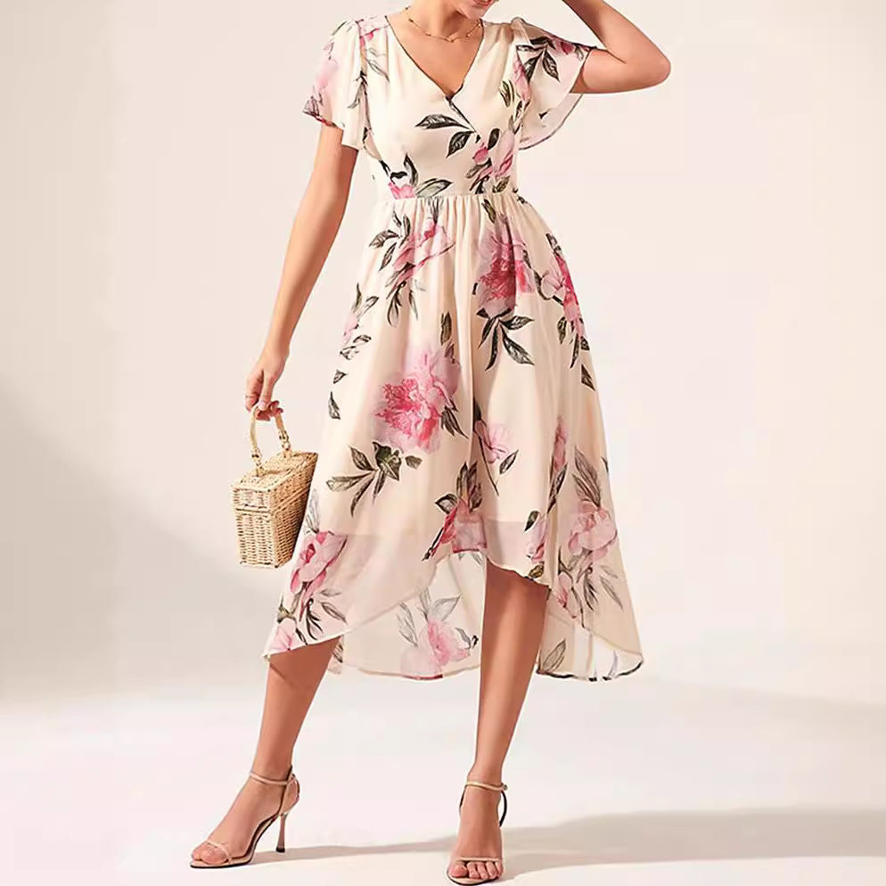 Dress for Women – Floral Print – V-Neck – Ruffle Sleeves – Tie Belt – High-Low Hem