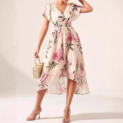 Dress for Women – Floral Print – V-Neck – Ruffle Sleeves – Tie Belt – High-Low Hem