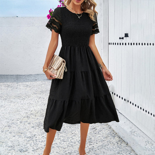 Dress for Women – Smocked Bodice – Layered Skirt – Short Sleeves with Cutout – Loose Fit