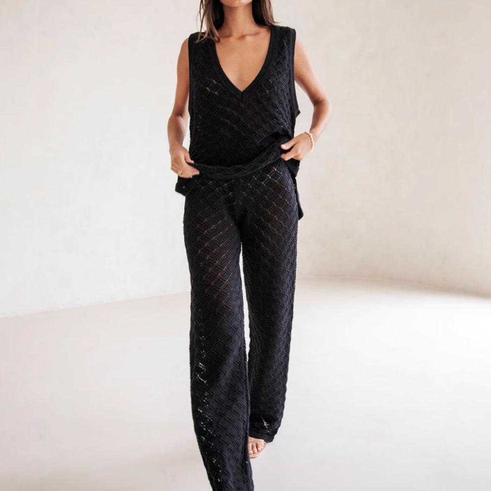 Women's Set with Sleeveless Top and Pants – Knit with Diamond Pattern – Relaxed Fit