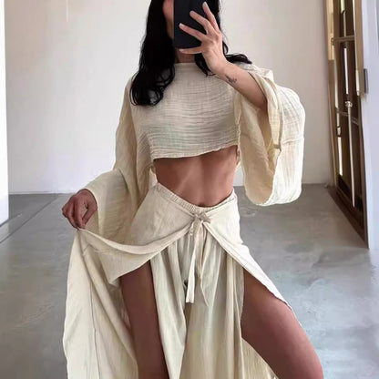 Women's Two-Piece Set – Linen Blend – Cropped Top – Wide Pants with Ruffle Details
