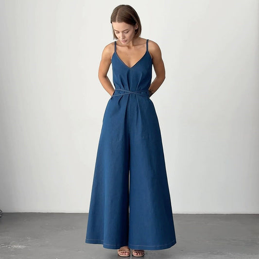 Women's V-neck Jumpsuit with Wide Legs - Loose Fit - Tie at Waist - Sleeveless Linen Blend