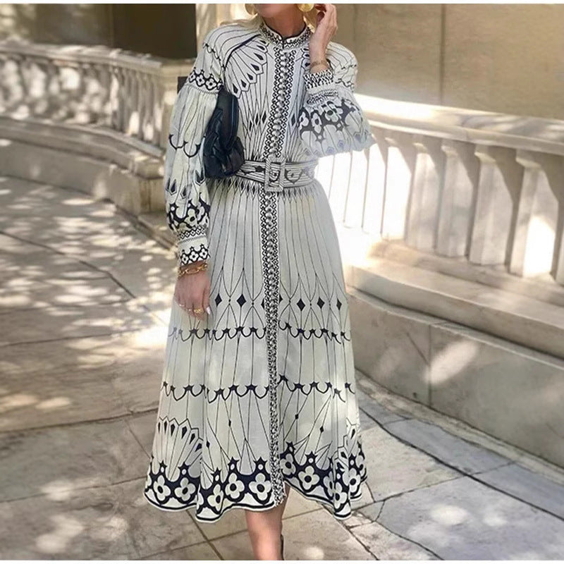 Women's Midi Dress – Elegant Fit – Voluminous Sleeves – Belted Waist – Patterned Design