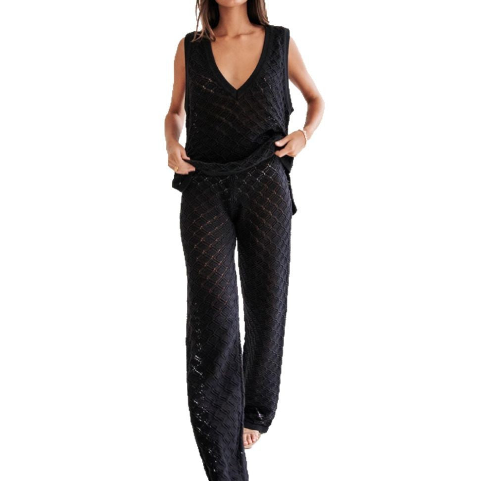 Women's Set with Sleeveless Top and Pants – Knit with Diamond Pattern – Relaxed Fit
