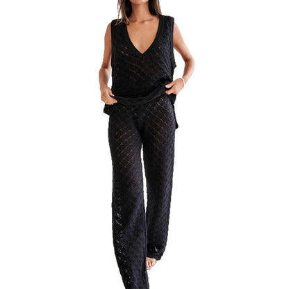 Women's Set with Sleeveless Top and Pants – Knit with Diamond Pattern – Relaxed Fit