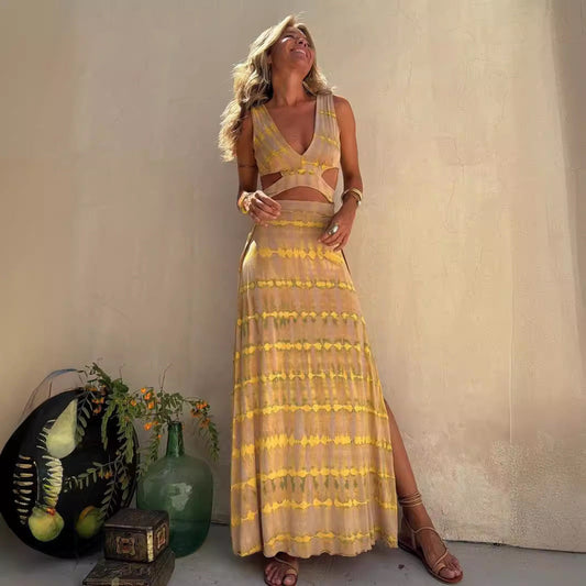 Women's Maxi Dress – Slim Fit – V-Neck – Waist Cutouts – Lightweight and Breathable