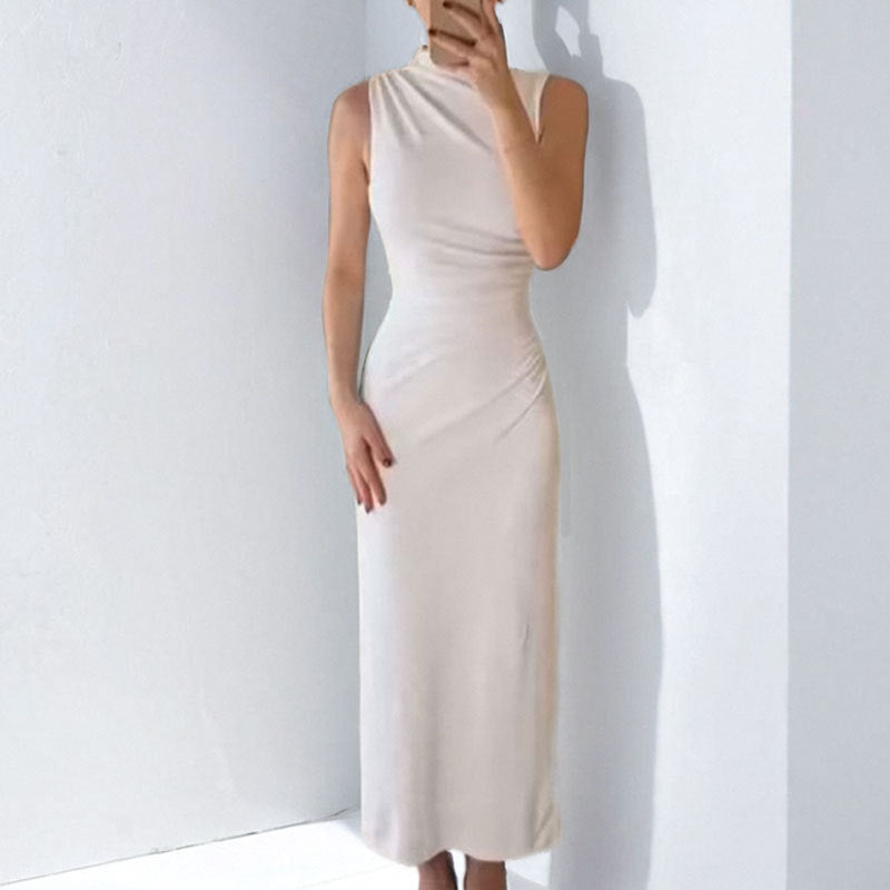 Women's Long Dress – Slim Fit – Sleeveless – High Neck – Ruched Formal Design