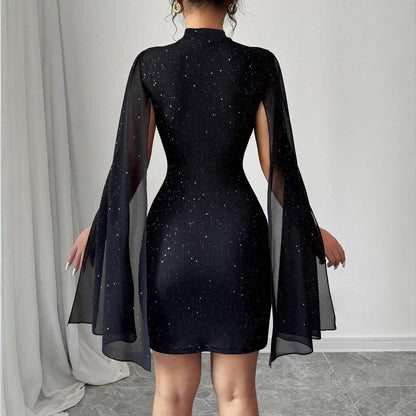 Women's Dress with Cape – Slim Fit – Glittering Chiffon – Mini Length – High Neck