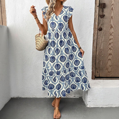 Women's Maxi Dress – Cotton Blend – Loose Fit – Deep V-Neck – Floral Print – Ruffle Sleeves