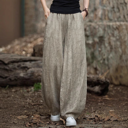 Women's Pants – Relaxed Fit – Cotton Linen – Elastic Waist – Full Length