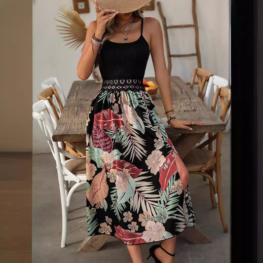 Women's Dress – Midi Length – Spaghetti Straps – Tropical Print – Breathable Comfort