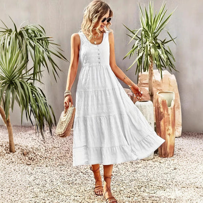 Dress for Women – Maxi A-line – Sleeveless – U-neck – Button Details – Layered Skirt