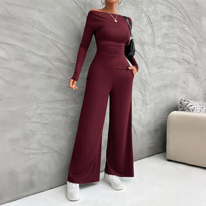 Women's Set – Slim Fit Long-Sleeve Top – High-Waisted Wide Pants – Stretchable Comfort