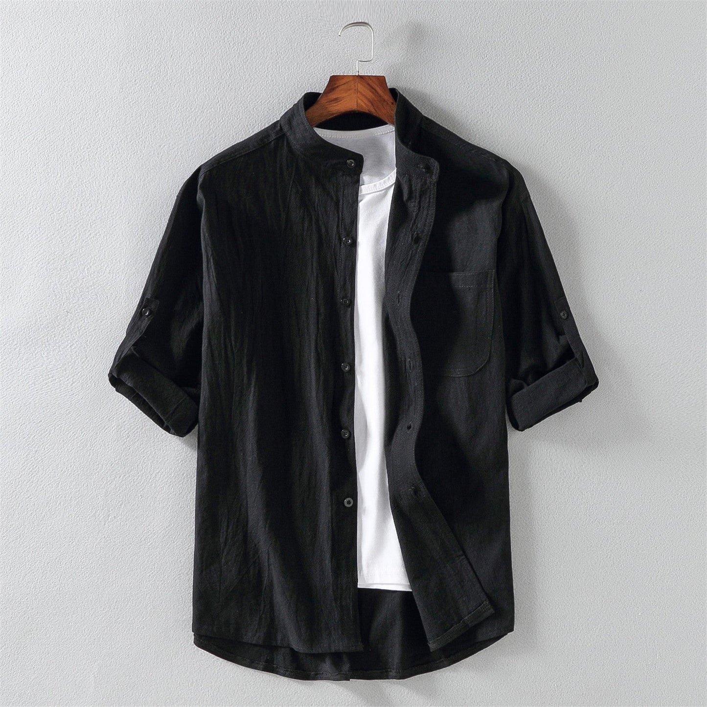 Men's Shirt with Short Sleeves – Relaxed Fit – Linen Blend – Mandarin Collar