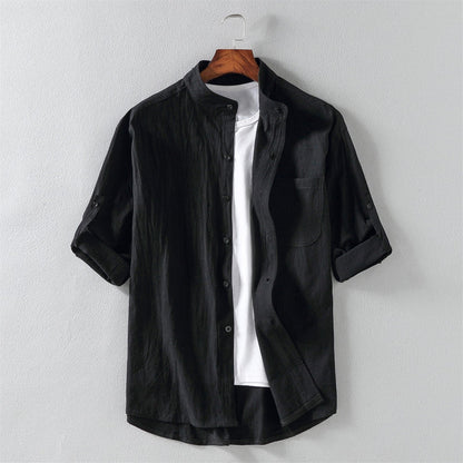 Men's Shirt with Short Sleeves – Relaxed Fit – Linen Blend – Mandarin Collar