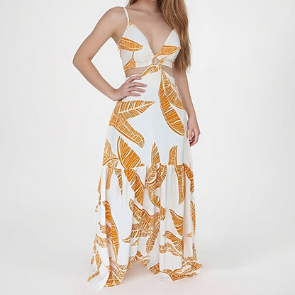 Women's Maxi Dress – Halterneck – Waist Cut-Out – A-Line with Layers – Lightweight and Breathable