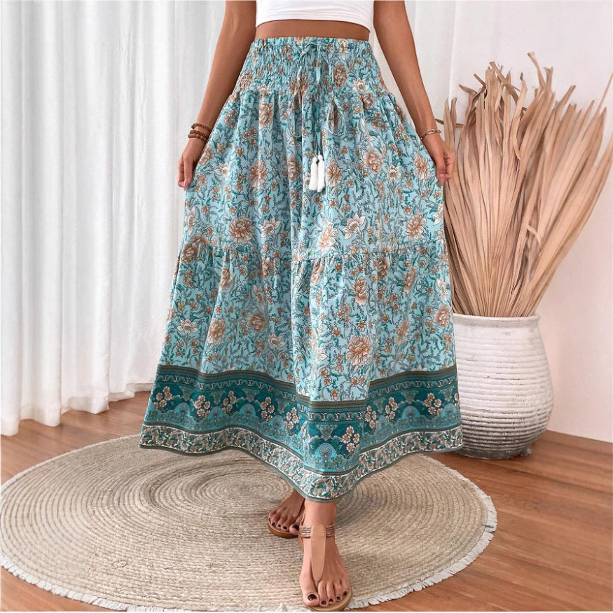 Women's Maxi Skirt – Bohemian Floral – Elastic Waist – Layered – Breathable Comfort
