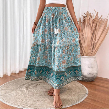 Women's Maxi Skirt – Bohemian Floral – Elastic Waist – Layered – Breathable Comfort