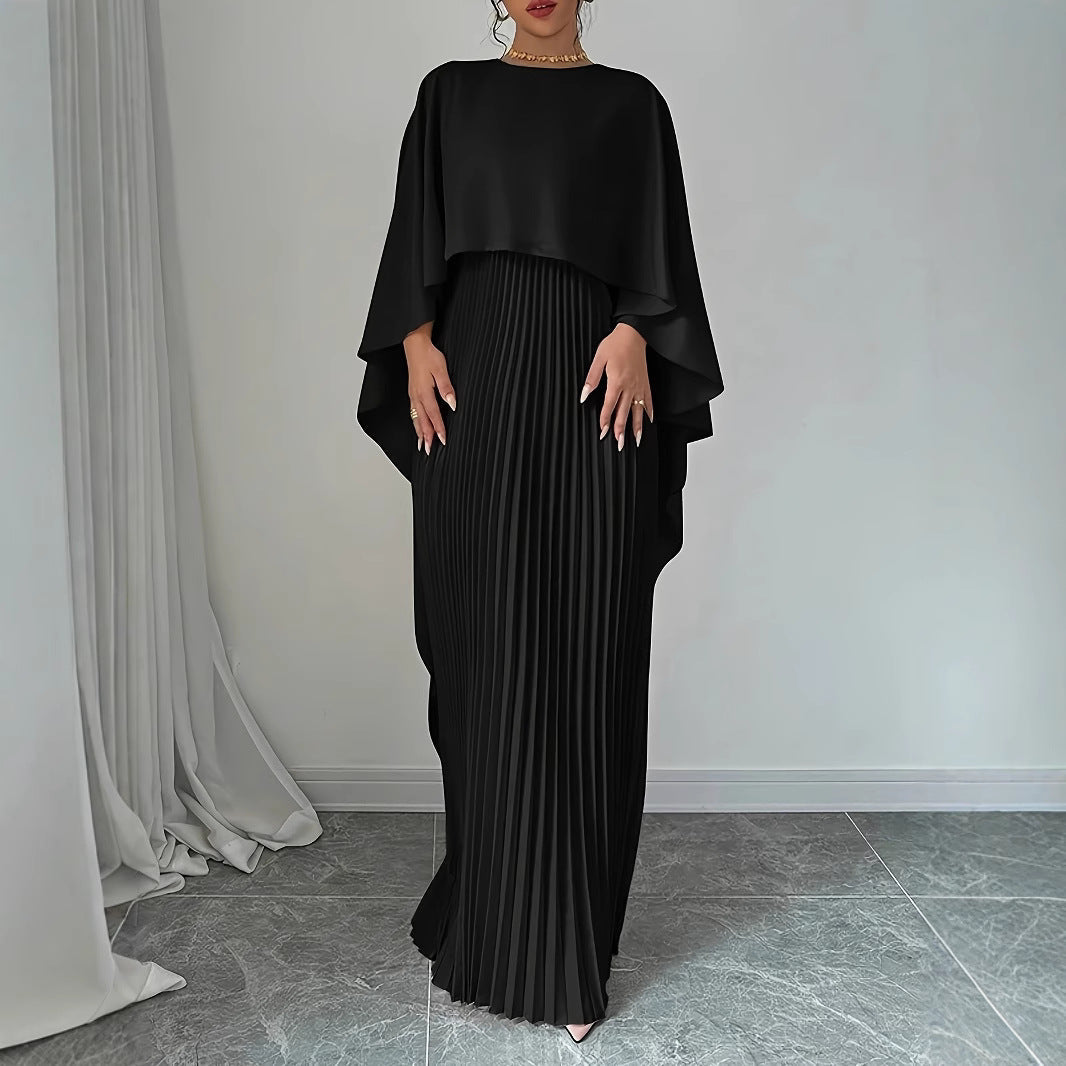Women's Elegant Pleated Maxi Dress - Batwing Sleeves - High Neck - Flowing Fit