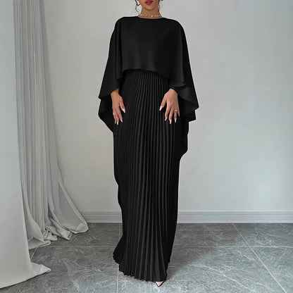 Women's Elegant Pleated Maxi Dress - Batwing Sleeves - High Neck - Flowing Fit