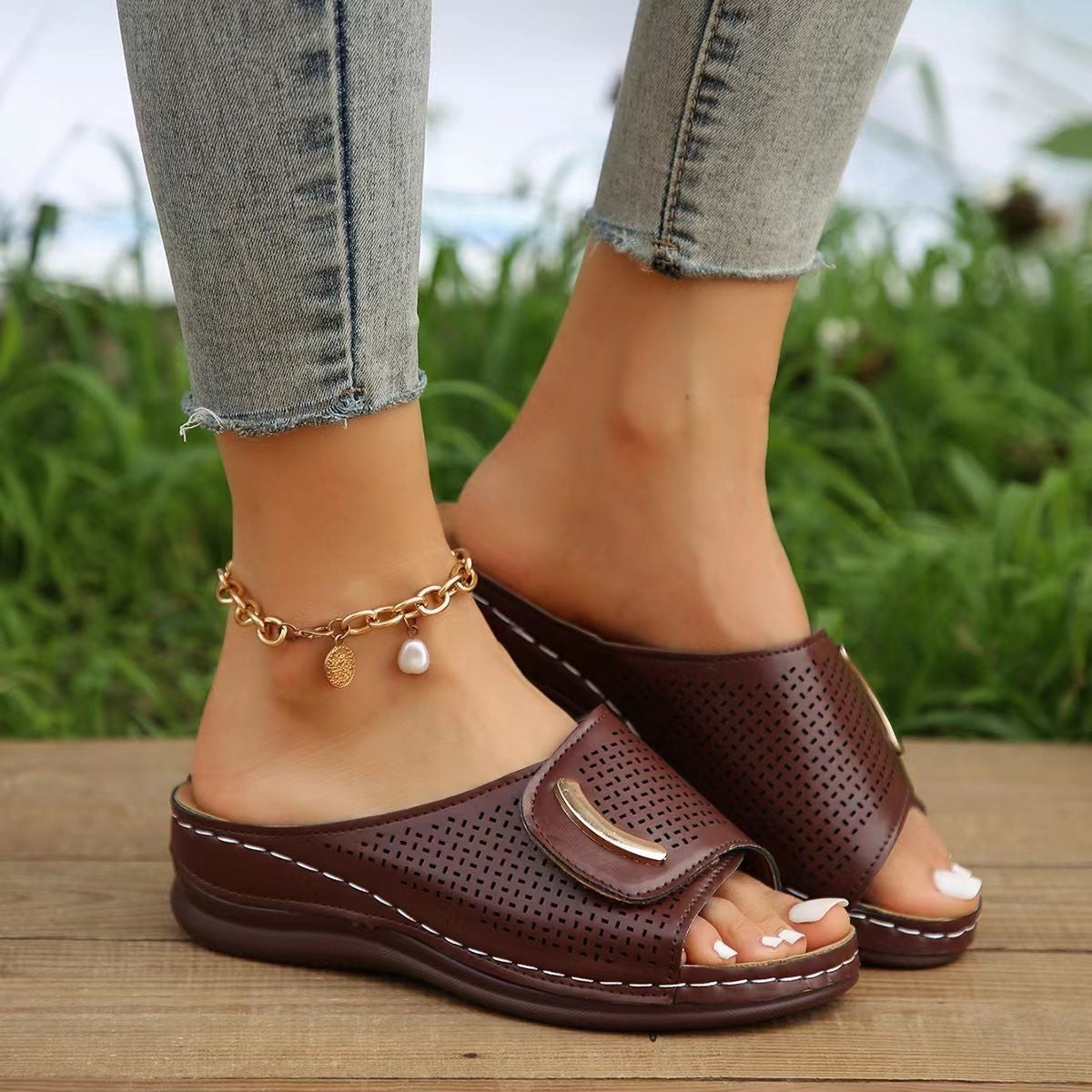 Women's Sandals with Wedge Heel – Slip-on – Wide Strap – Perforated Faux Leather – Comfort